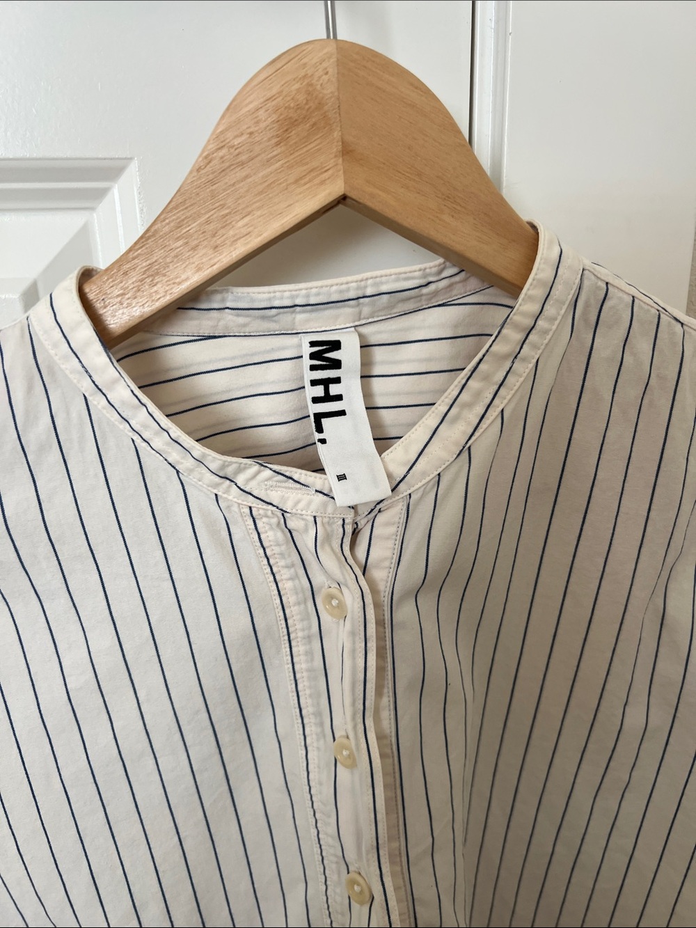 MHL. Striped Band Collar Button-Up Shirt in Cream & Navy - Picture 2 of 8
